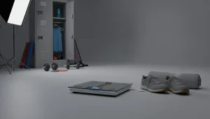 Digital scale, running shoes, and a rolled towel on a gym floor near an open locker with weights, a jump rope, and a yoga mat, eating disorders in athletes and body image support in NJ
